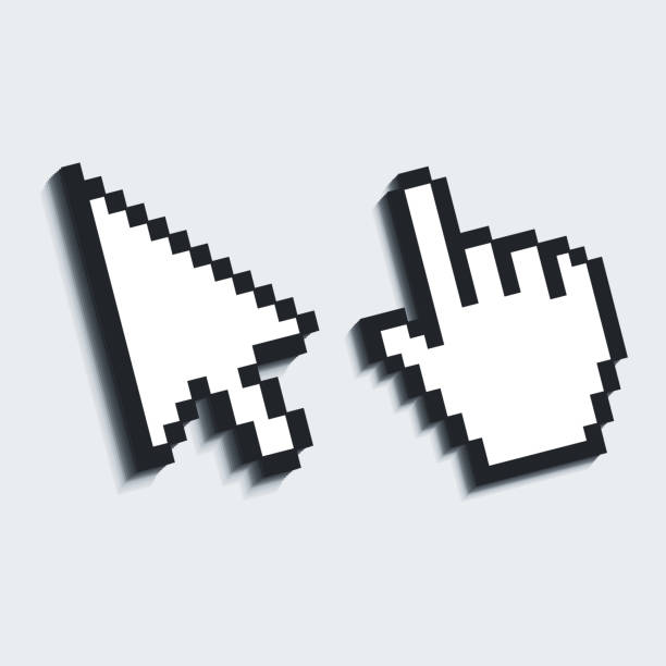 ilustraciones, imágenes clip art, dibujos animados e iconos de stock de cursor pixelado de mano y ratón. ilustración vectorial. - human thumb pointing human finger human hand
