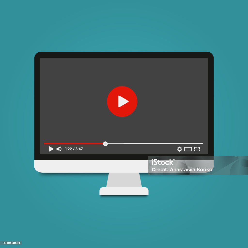 画面上のビデオプレーヤーを備えた現代のコンピュータ。オンラインビデオ、映画  、教材、Webコースの概念を見る。ベクターの図。 - チュートリアルのロイヤリティフリーベクトルアート