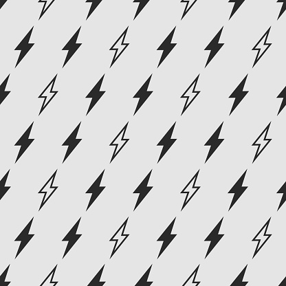 Seamless pattern with icons of black lightning bolts on grey background. Vector 10 EPS illustration