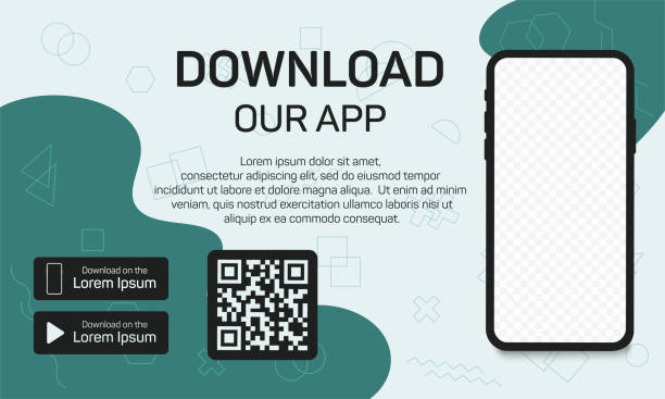 Download page of the mobile app. Empty screen smartphone for you app. Download buttons. Vector illustration. Download page of the mobile app. Empty screen smartphone for you app. Download buttons. Vector illustration Apps Store stock illustrations