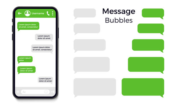 смартфон, чат смс шаблон шаблона приложения пузырьки. поместите свой собственный текст в облака сообщений. шаблон страницы мессенджера соц - letter text messaging decoration green stock illustrations