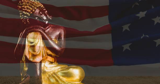 istock Composition of buddha figure over american flag 1340688704