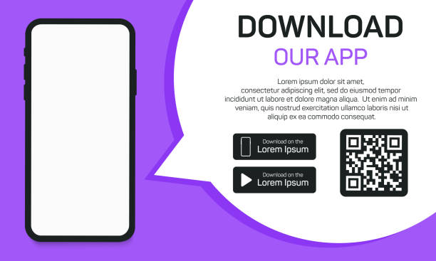Download app to phone from store. Qr code for download of application. Advertising of smartphone app. Scan code, click button Download app to phone from store. Qr code for download of application. Advertising of smartphone app. Scan code, click button. Vector Apps Store stock illustrations