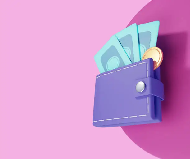 Photo of Wallet, dollar bill and coins , online payment on pink background. 3d illustration