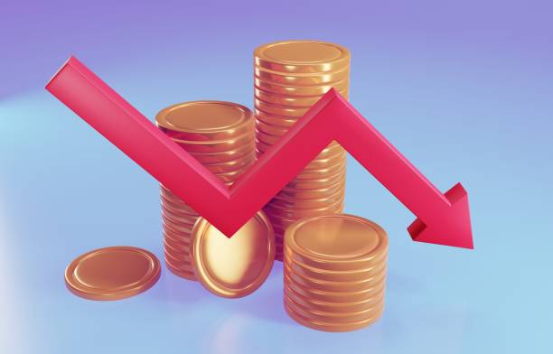 istock Golden sign with red arrow going down. Bankruptcy concept. 3d illustration 1340689984