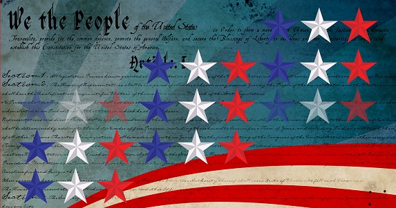 Multiple colorful stars against american constitution text in background. american independence day template background design concept