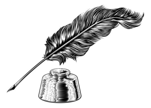 ilustrações de stock, clip art, desenhos animados e ícones de quill feather ink pen and inkwell vintage woodcut - pena de escrever