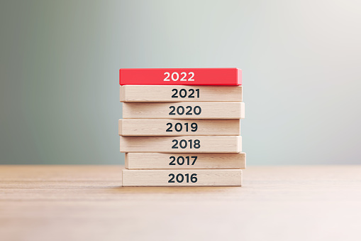 2022 concept. Years starting from 2016 to 2022 written woodblocks sitting on wood surface in front of a defocused background.