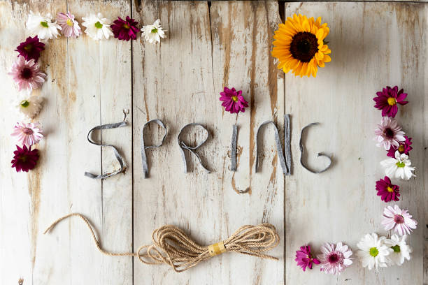istock Spring beautiful rustic title with a frame full of flowers and a string on a white wooden background 1340692088