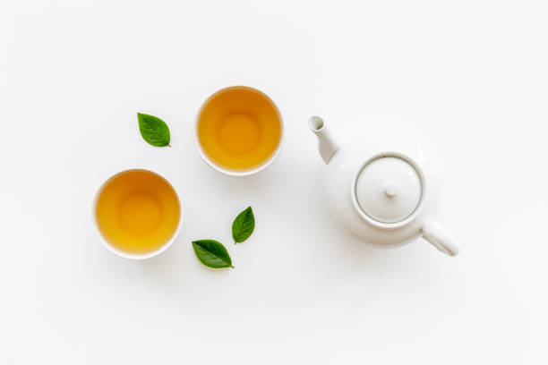 istock Two cups of tea with white teapot, top view 1340693087