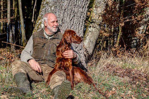 Old man who loves nature, sits in the beautiful spring sun outside in the forest at a tree and holds his young Irish Setter in his arm.