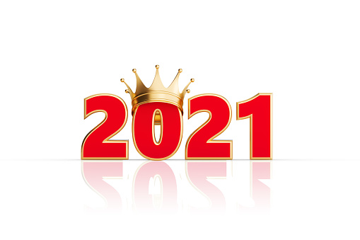 Year 2021 wearing gold crown isolated on white background. Horizontal composition with clipping path and copy space. 2021 new year concept.