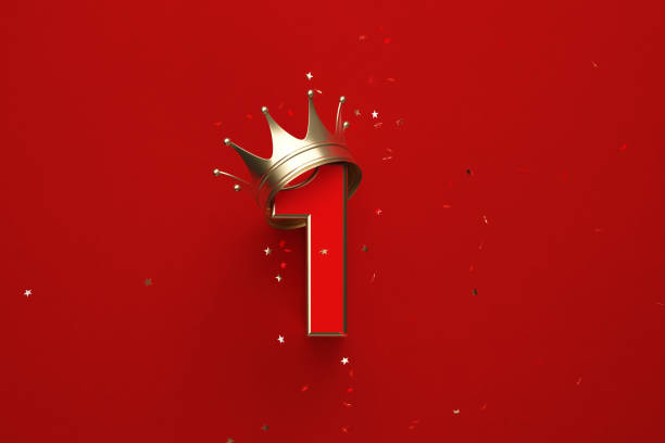 number one wearing gold crown isolated on red background - red crowned imagens e fotografias de stock