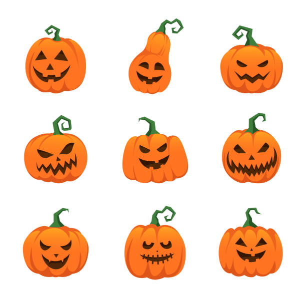 ilustraciones, imágenes clip art, dibujos animados e iconos de stock de aterradoras caras de calabaza de halloween - calabaza gigante ilustraciones
