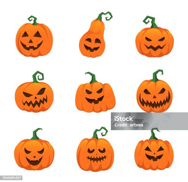 Ilustración de Aterradoras Caras De Calabaza De Halloween y más Vectores Libres de Derechos de Linterna de Halloween - Linterna de Halloween, Halloween, Calabaza gigante