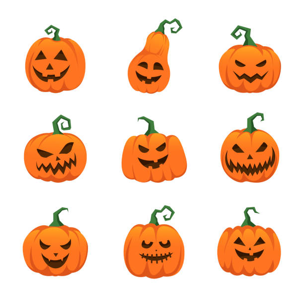 illustrazioni stock, clip art, cartoni animati e icone di tendenza di spaventose facce di zucca di halloween - halloween pumpkin party carving