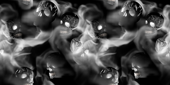 Seamless pattern scary skull emerging from a cloud of smoke.3D rendering