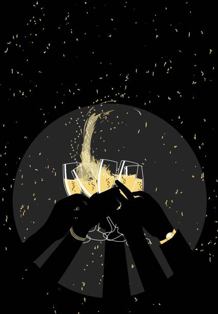 feier toast mit champagner bei nacht party - toast party silhouette people stock-grafiken, -clipart, -cartoons und -symbole