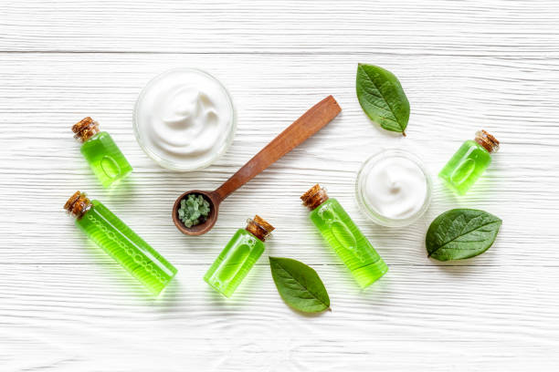 istock Pattern of tea tree aroma essential oil with tea salt with green leaves 1340696807
