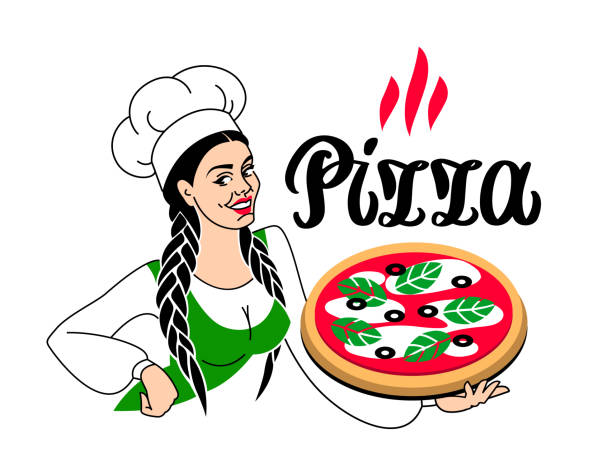 ilustrações, clipart, desenhos animados e ícones de jovem linda chef italiana se oferecem para provar pizza. logotipo, elegante vetor de caligrafia de letras à mão. mulher cozinhar para pizzaria. itália bandeira cores. - women meat working tray