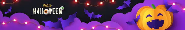 Vector illustration of Halloween Promotion long horizontal banner with cutest pumpkin and bats in night clouds on violet black background.