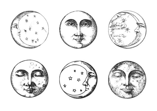 set of moon, crescent, illustrations in engraving style. graphic drawings in vector. vintage pastiche of esoteric and occult signs. - moon stock illustrations