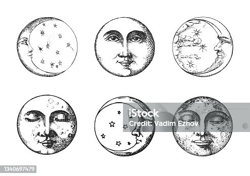 istock Set of Moon, Crescent, illustrations in engraving style. Graphic drawings in vector. Vintage pastiche of esoteric and occult signs. 1340697479