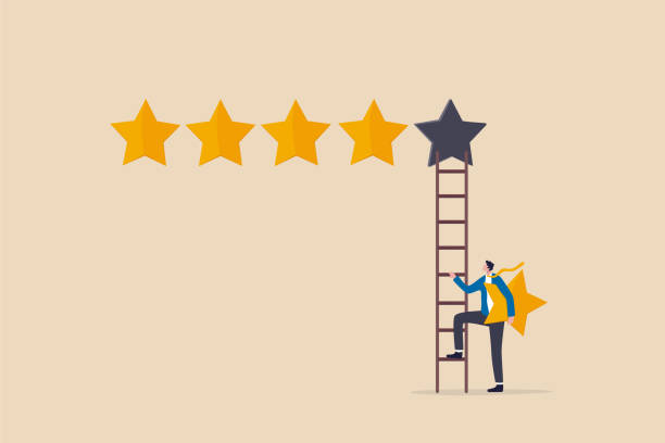 stockillustraties, clipart, cartoons en iconen met 5 stars rating review high quality and good business reputation, customer feedback or credit score, evaluation rank concept, businessman holding 5th star climb up ladder to put on best rating. - tevredenheid