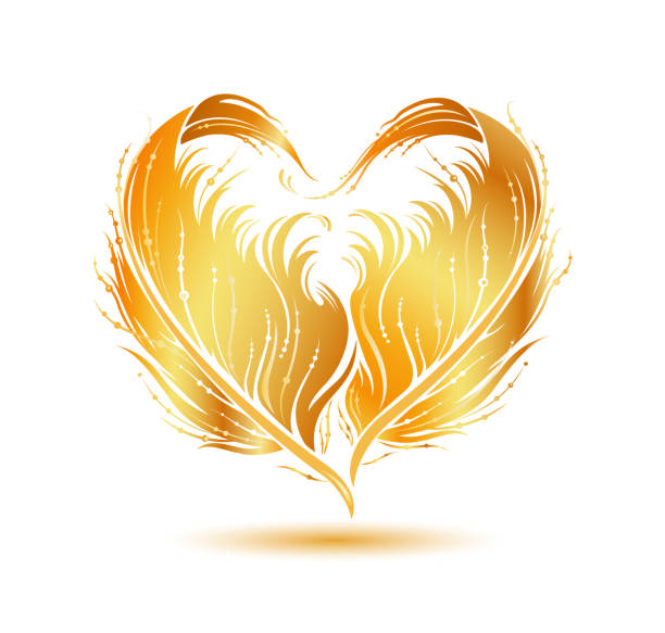 Stylized golden heart shape made by bird feather silhouette vector art illustration