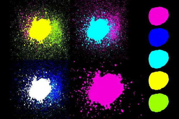 Vector illustration of Round blue, green, pink, yellow, cyan neon colors explosin splash splatter elements isolated on black. Artistic circles spray paint grunge abstract background set, vector illustration fot your design