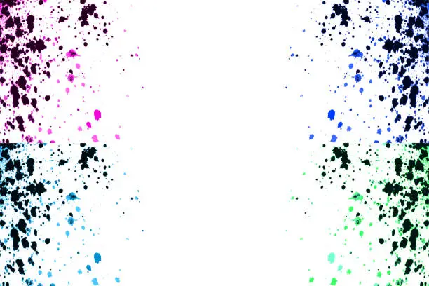 Vector illustration of Colorful explosion watercolor paint splatter isolated on white. Black, pink, blue, green neon colors spray stains border frame abstract background, vector illustration set