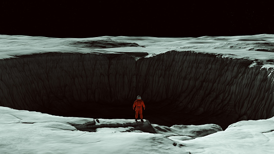 Orange Spaceman Spacewoman Standing on the Edge of a Large Crater on the Moon Sci Fi Astronaut Cosmonaut Moonscape 3d illustration render