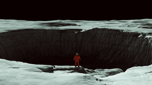 orange spaceman spacewoman standing on the edge of a large crater on the moon sci fi astronaut cosmonaut moonscape - spacewoman imagens e fotografias de stock