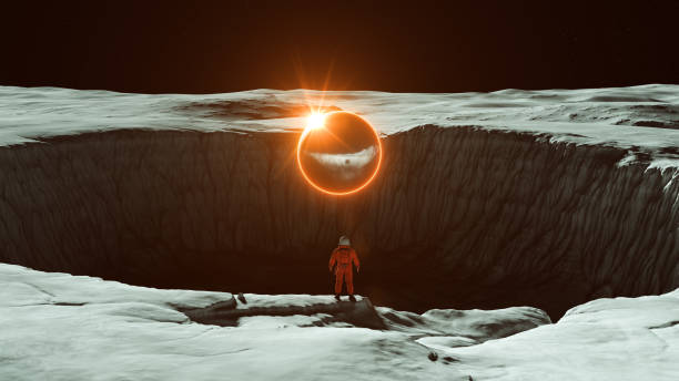 istock Orange Spaceman Spacewoman With Large Alien Silver Sphere Glowing Orange Crater on the Moon Sci Fi Astronaut Cosmonaut Moonscape Lens Flare 1340700814
