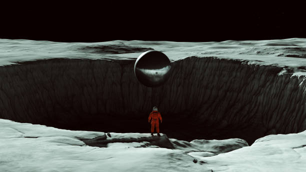 istock Orange Spaceman Spacewoman With Large Alien Silver Sphere Standing on the Edge of a Large Crater on the Moon Sci Fi Astronaut Cosmonaut Moonscape 1340700816