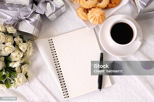 Wedding Gifts With Notebook And Coffee Stock Photo - Download Image Now - Guest List, Wedding, Backgrounds