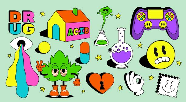 ilustrações de stock, clip art, desenhos animados e ícones de acid abstract characters and objects. in a cartoon style, a set of bright psychedelics, all elements are isolated - canábis narcótico