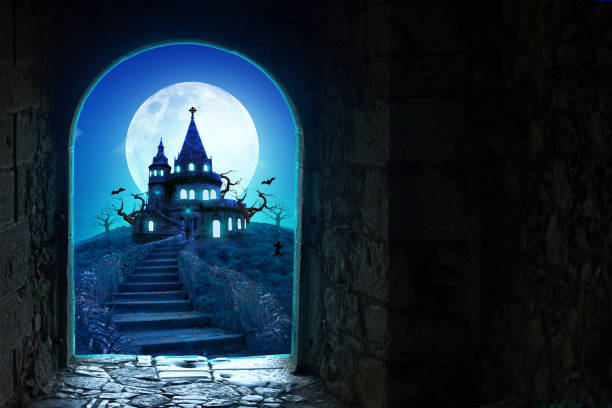 istock Castle behind open door  and a Full Moon banner or poster background , night clouds , 3D rendering 1340702916
