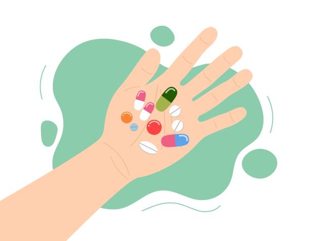 einnahme von pillen. medikamente in der hand. palmenansicht und bunte medikamente. krankheitsbehandlungskonzept. vektor-illustration - senior women capsule senior adult medicine stock-grafiken, -clipart, -cartoons und -symbole