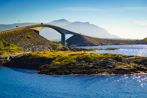World famous Atlantic road bridge Atlanterhavsvegen in Norway Europe. Norwegian national scenic route. Tourist attraction.