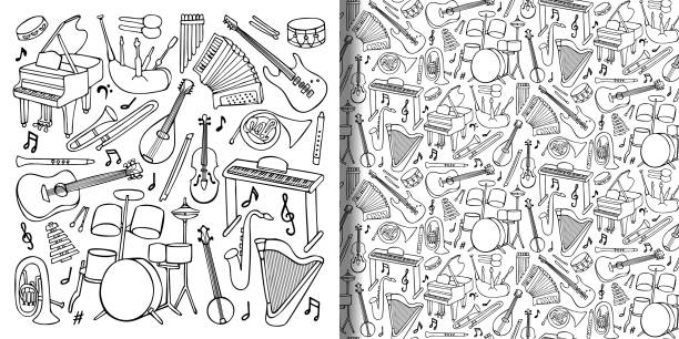 zestaw instrumentów muzycznych doodle i bezszwowy wzór - brass instrument stock illustrations