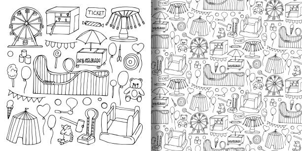ilustraciones, imágenes clip art, dibujos animados e iconos de stock de conjunto de objetos de garabato de atracción y patrón sin fisuras - ferris wheel carnival amusement park wheel