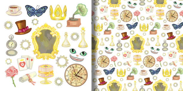 Fairy Tale Alice through the looking glass set and seamless pattern Set and seamless pattern with fairy tale Alice through the looking glass set and seamless pattern. Vector illustration of wallpaper with wonderland objects watch cartoon gold illustration and painting stock illustrations