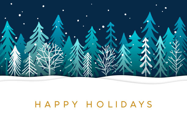ilustraciones, imágenes clip art, dibujos animados e iconos de stock de tarjeta de vacaciones con árboles de navidad - happy holidays