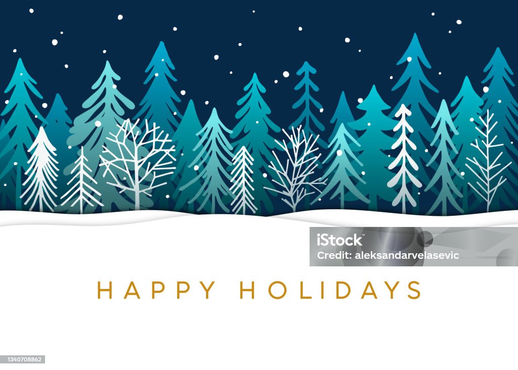 Holiday Card with Christmas Trees Hand drawn Christmas, Holiday background with stylized Christmas trees. Winter forest with snow background. Happy Holidays - Short Phrase stock vector