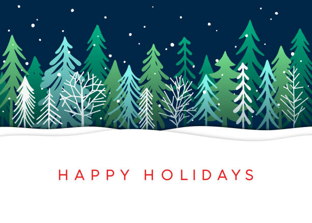 праздничная открытка с елками - snowing snow snowflake night stock illustrations