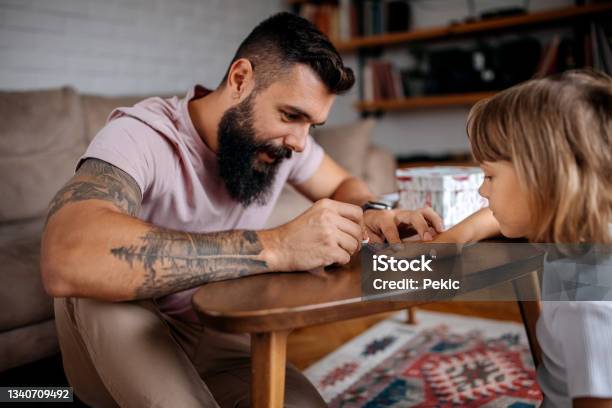 Father Painting Nails To His Little Girl Stock Photo - Download Image Now - Single Father, Tattoo, Family