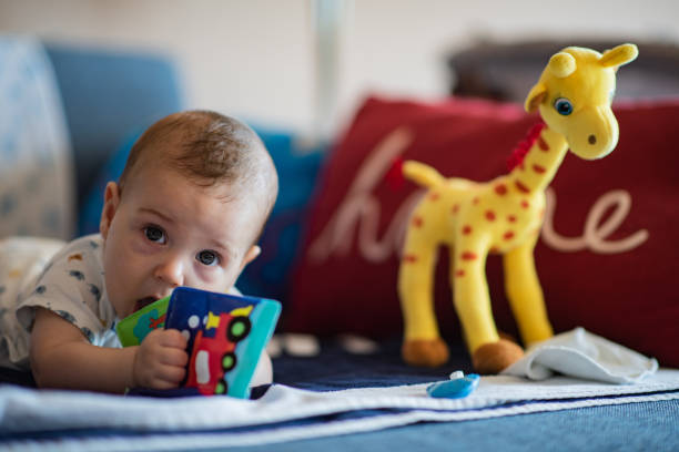 Adorable baby boy trying to crawle whit a toy in his hand.