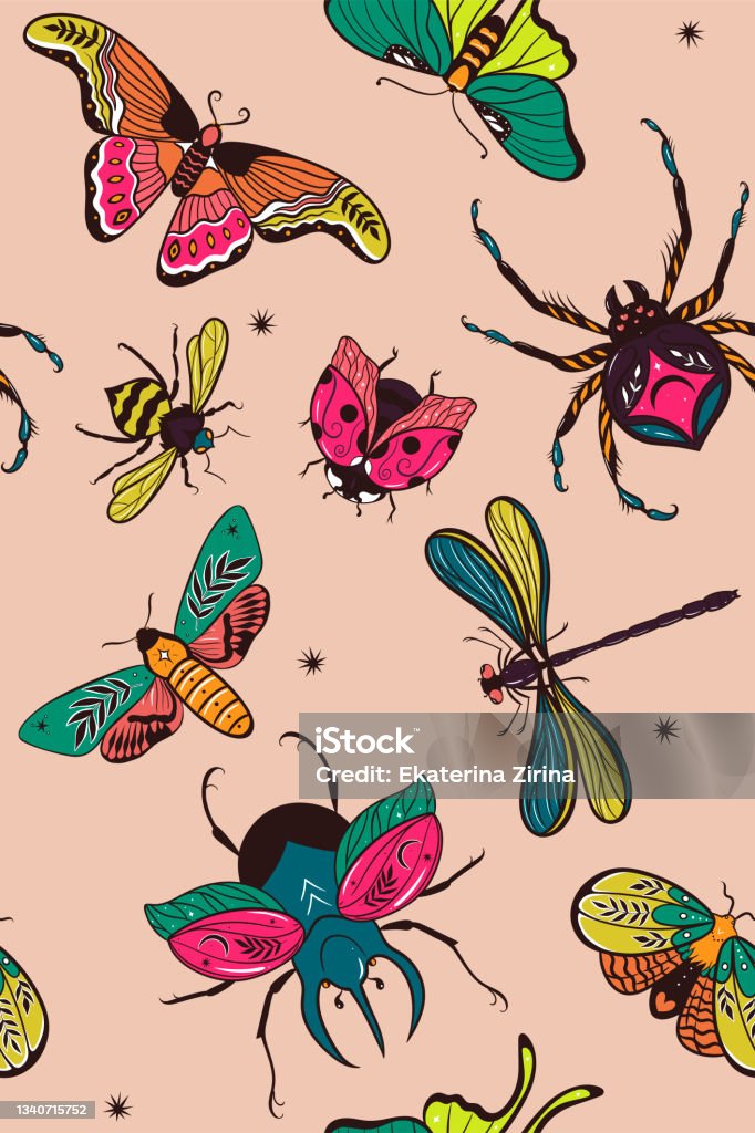 Patterned Colored Insects Seamless Pattern With Colorful Insects Vector Graphics Stock ...