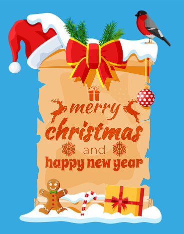 Old Christmas Parchment Scroll with Red Santa Claus Hat, Gift Box and Bow. Happy New Year Decoration. Merry Christmas Holiday. New Year and Xmas Celebration. Vector Illustration Flat Style